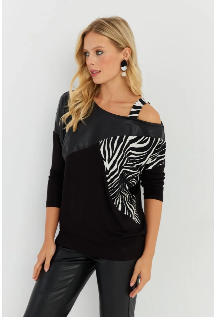 Kadın Siyah Suni Deri Bloklu Bluz ST828