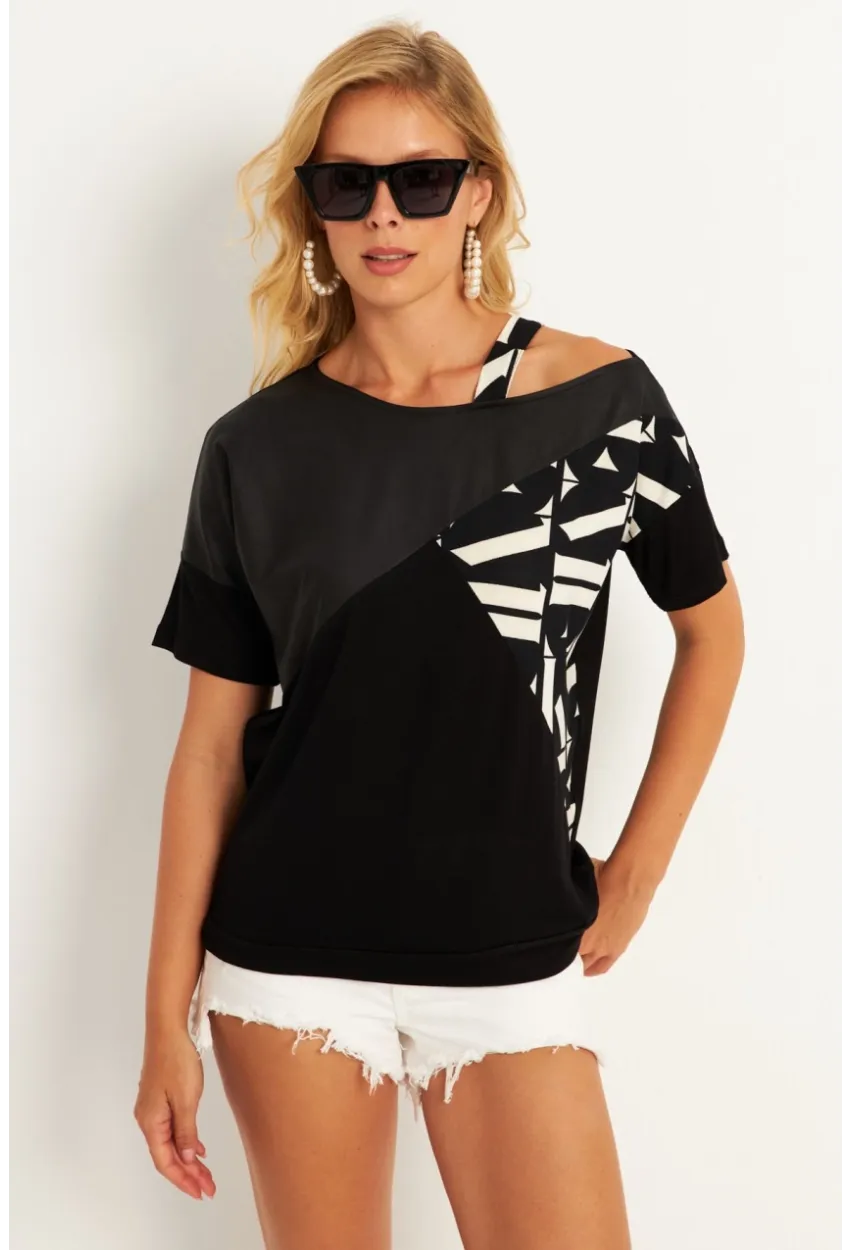 Kadın Siyah Suni Deri Bloklu Bluz ST837