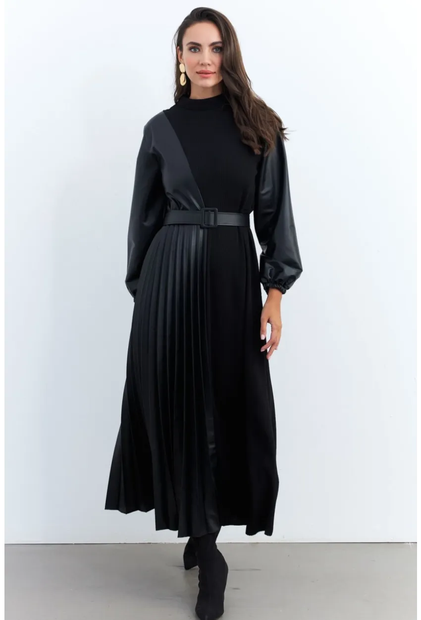 Kadın Siyah Suni Deri Bloklu Pilili Maxi Elbise MALZ100
