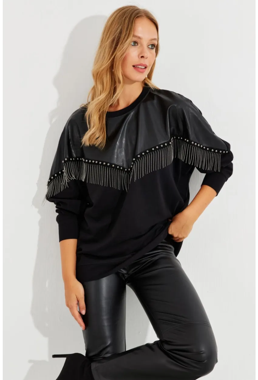 Kadın Siyah Suni Deri Bloklu Sweatshirt PKA806