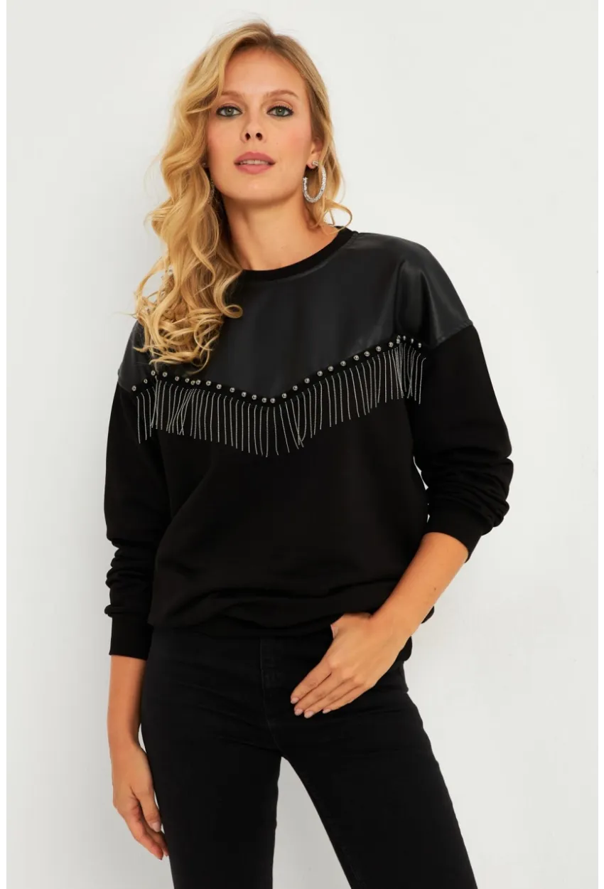 Kadın Siyah Suni Deri Bloklu Sweatshirt PKA808