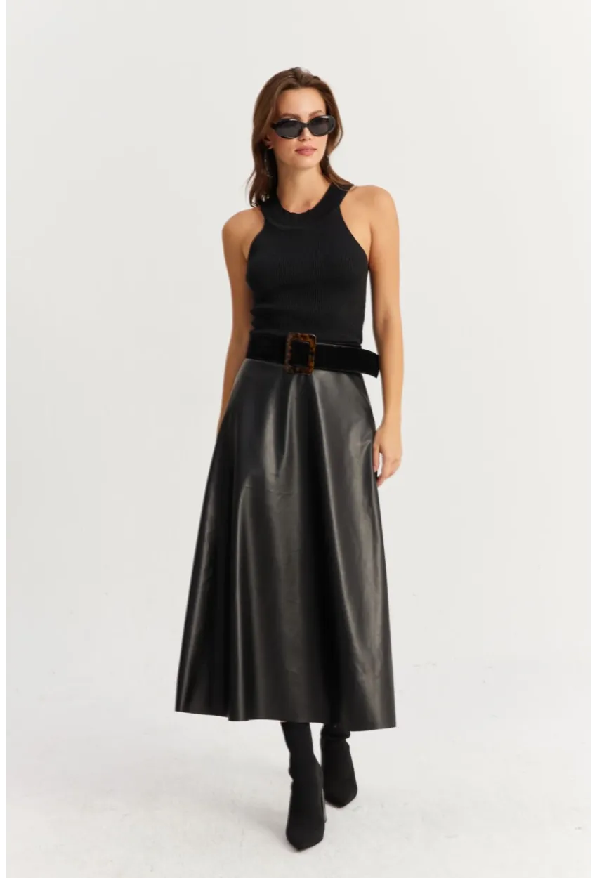 Kadın Siyah Suni Deri Çan Etek ELA113