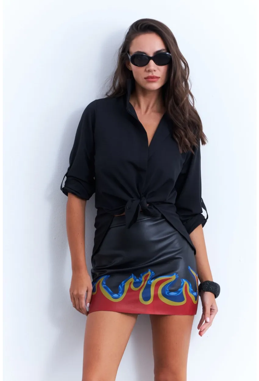 Kadın Siyah Suni Deri Desenli Mini Etek NH92