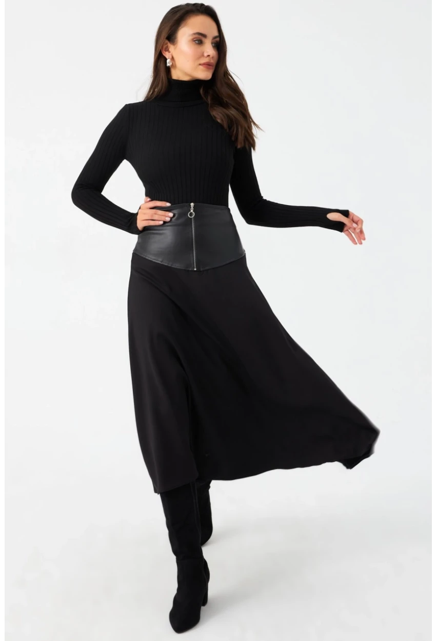 Kadın Siyah Suni Deri Detaylı Çan Etek MNH500