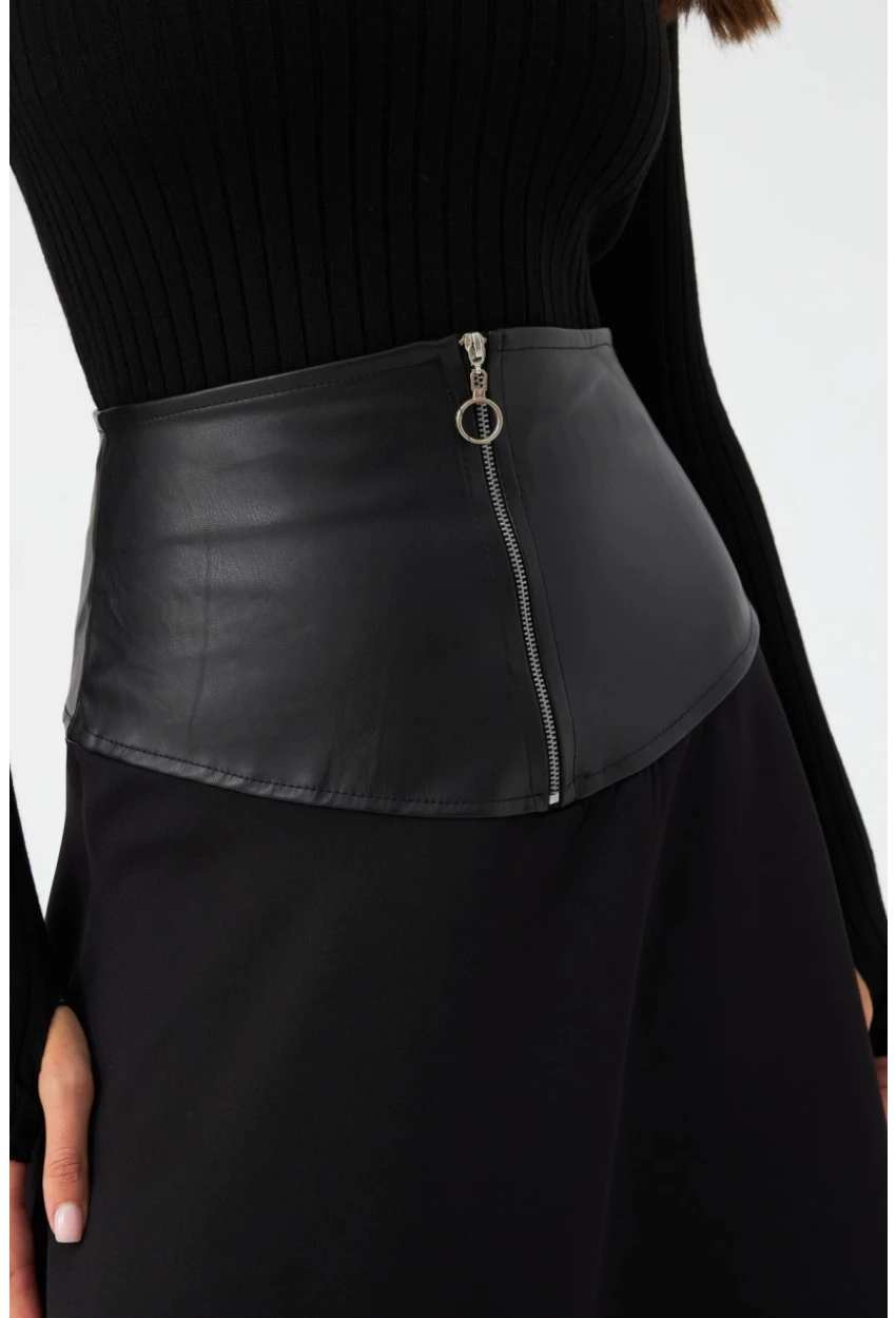 Kadın Siyah Suni Deri Detaylı Çan Etek MNH500
