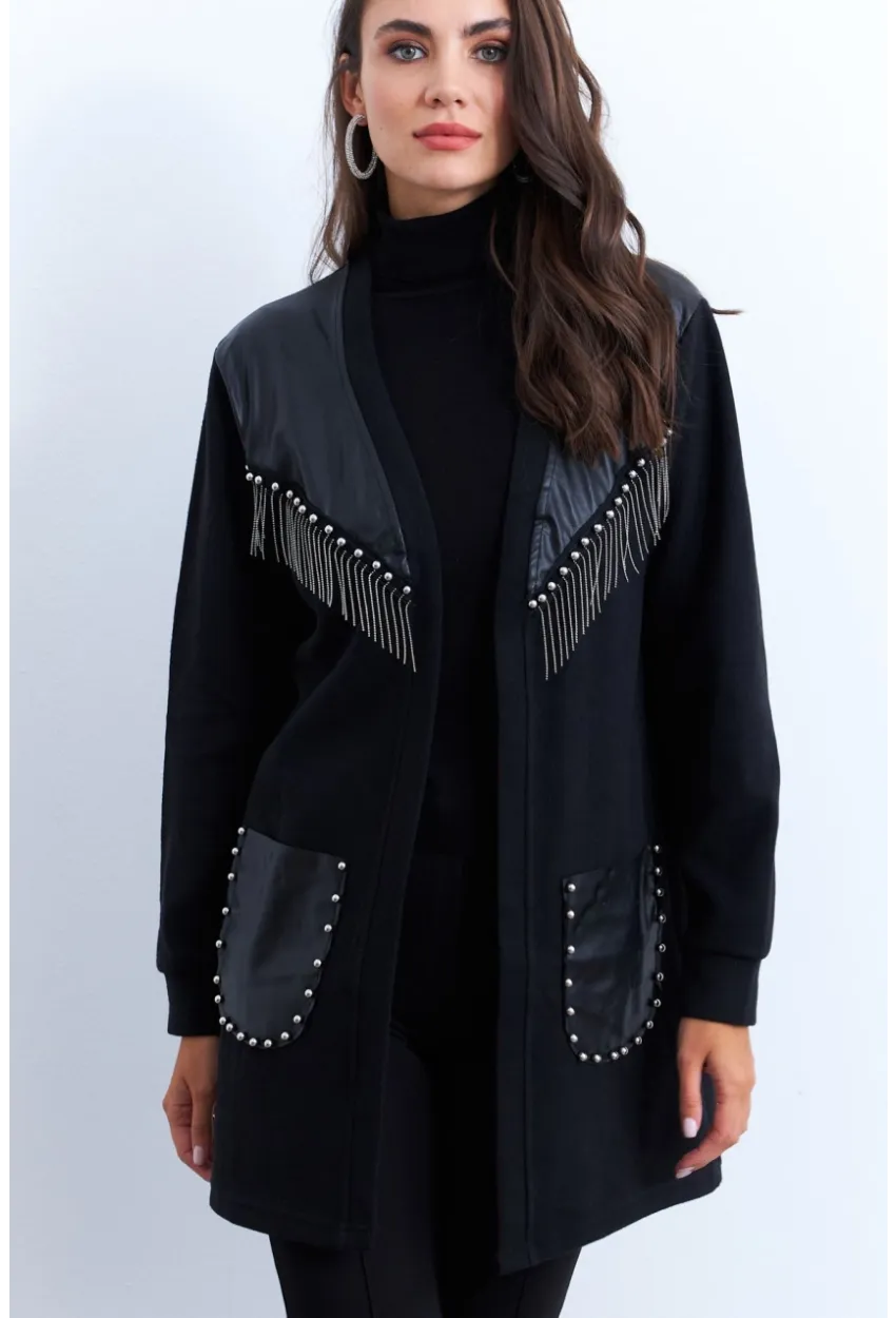 Kadın Siyah Suni Deri Detaylı Zımbalı Hırka MPK809