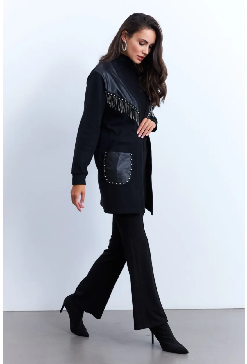 Kadın Siyah Suni Deri Detaylı Zımbalı Hırka MPK809