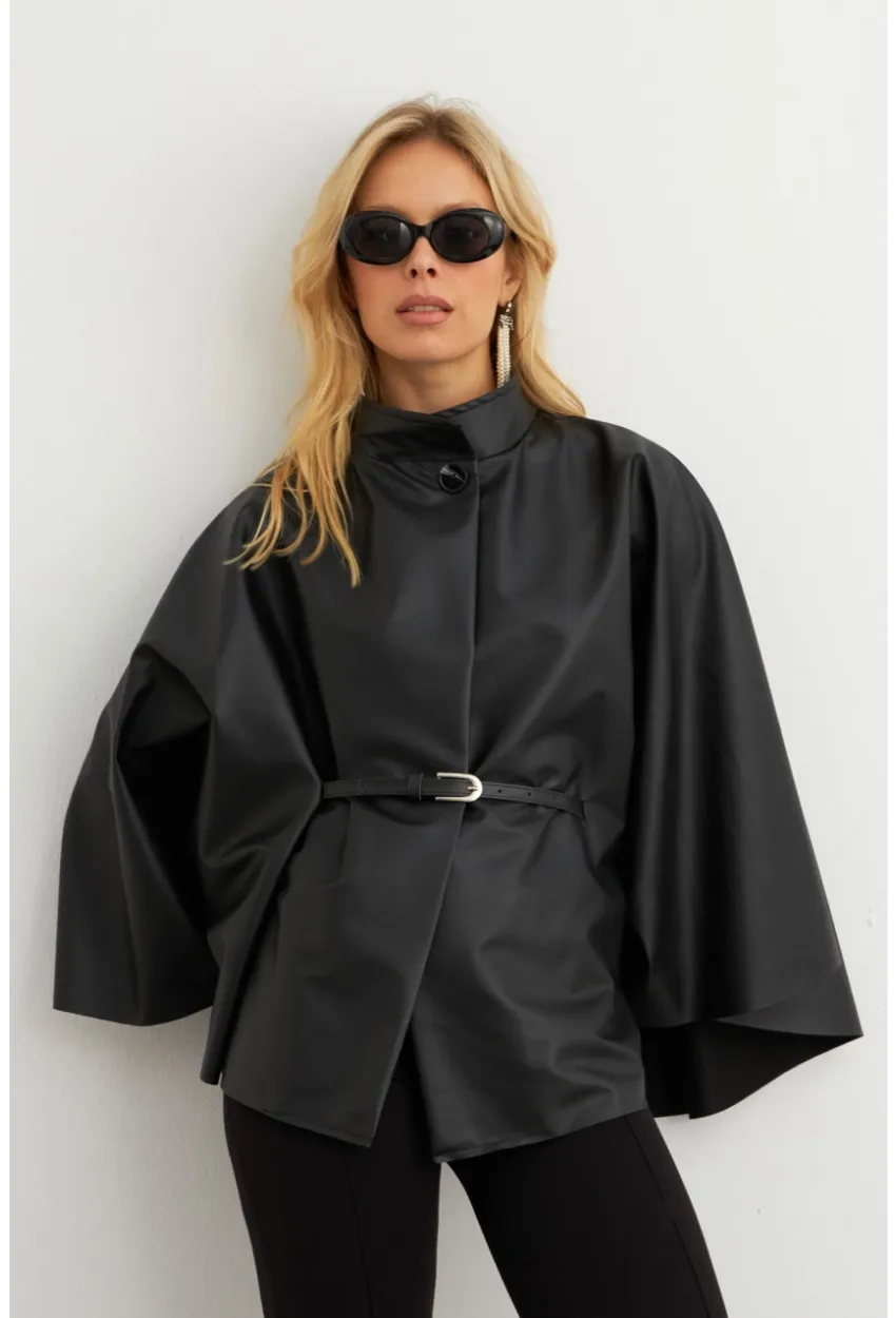 Kadın Siyah Suni Deri Kemerli Panço ELA3084-90