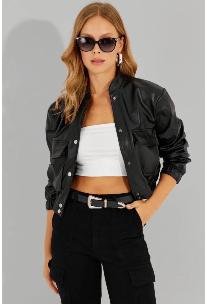 Kadın Siyah Suni Deri Kısa Bomber Ceket LST57