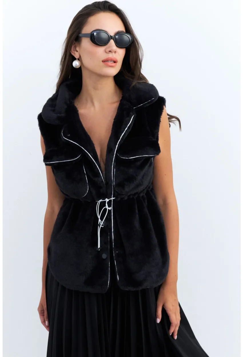 Kadın Siyah Suni Kürk Cepli Yelek MK66