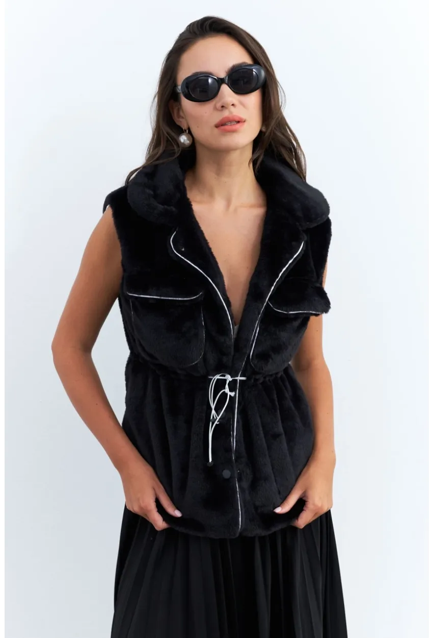 Kadın Siyah Suni Kürk Cepli Yelek MK66