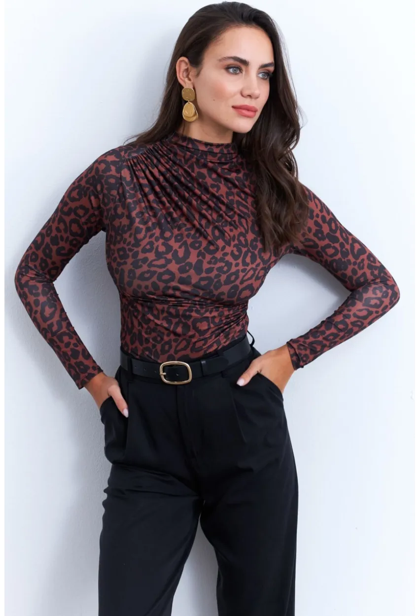 Kadın Siyah-Taba Desenli Büzgülü Bluz LPP1279