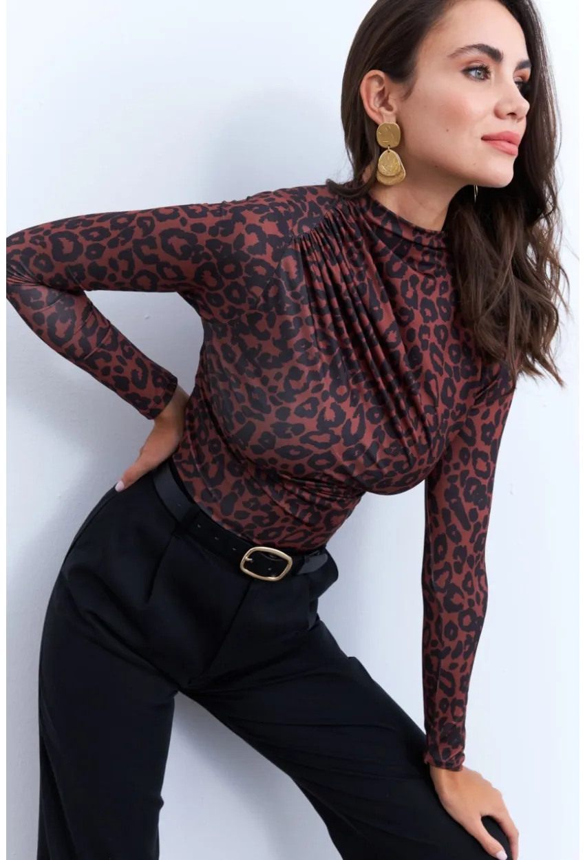 Kadın Siyah-Taba Desenli Büzgülü Bluz LPP1279
