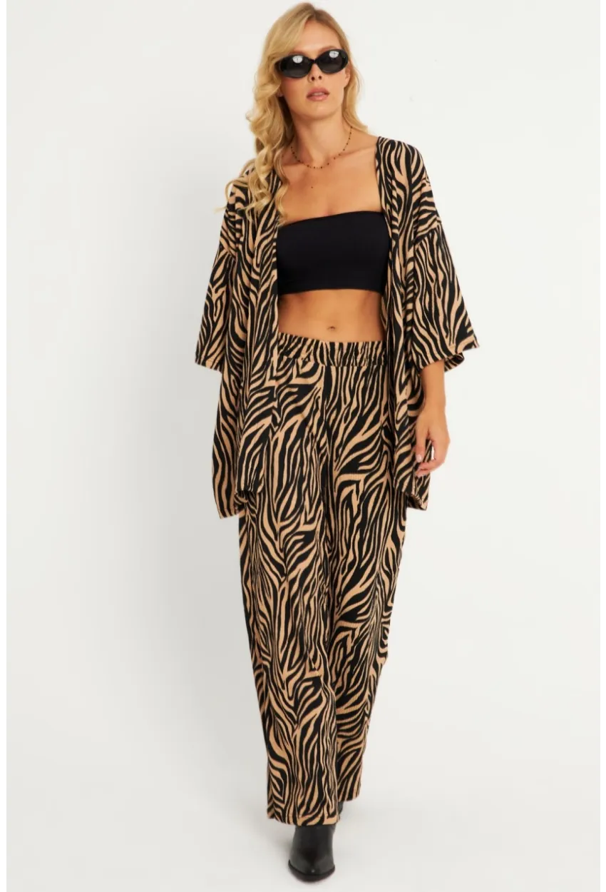 Kadın Siyah -Tarçın Desenli Bürümcük Alt Üst  Takım LON3004