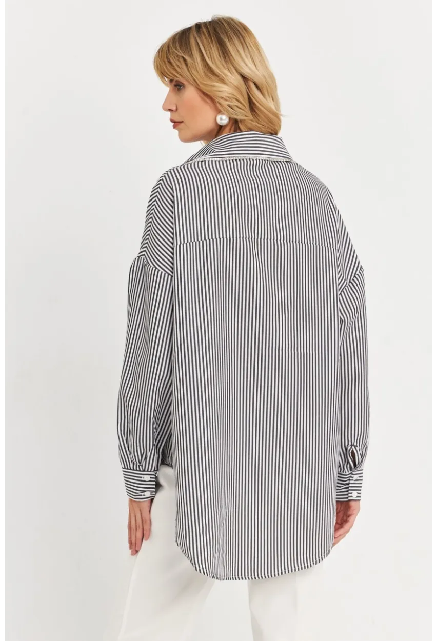 Kadın Siyah Taş Detaylı Çizgili Gömlek KED4088