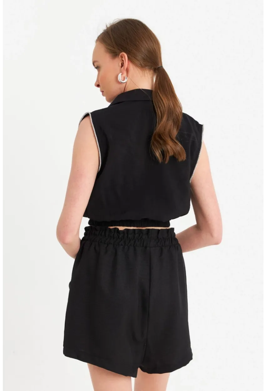 Kadın Siyah Taş Detaylı Crop Gömlek SUN200