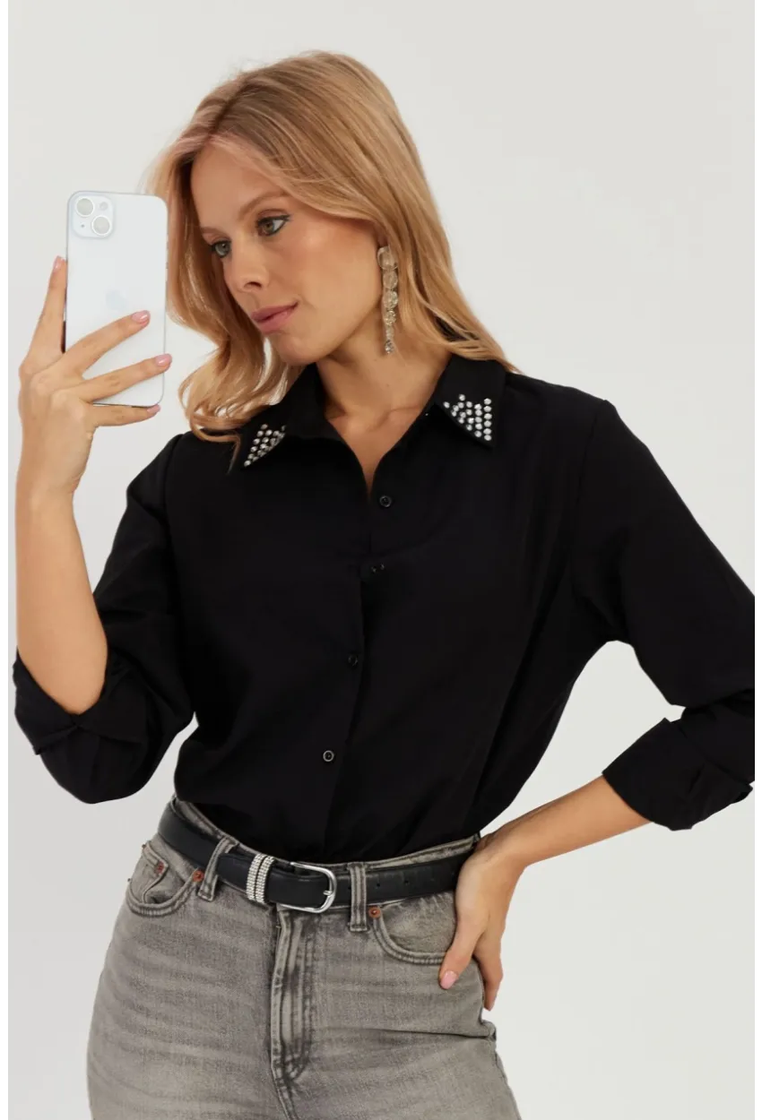 Kadın Siyah Taş Detaylı Gömlek ZER402