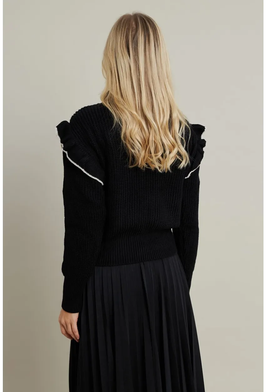 Kadın Siyah-Taş Fırfırlı Triko Bluz MQS1018