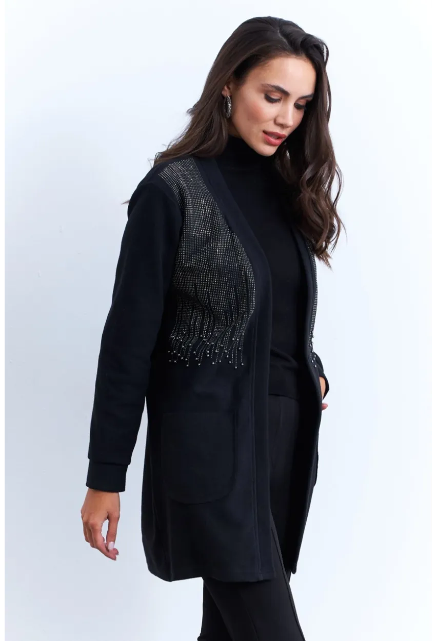 Kadın Siyah Taşlı Cepli Hırka MPK811