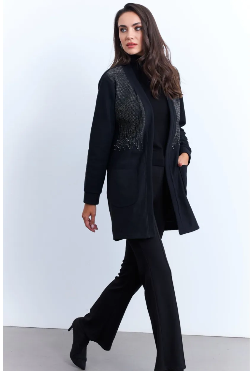 Kadın Siyah Taşlı Cepli Hırka MPK811
