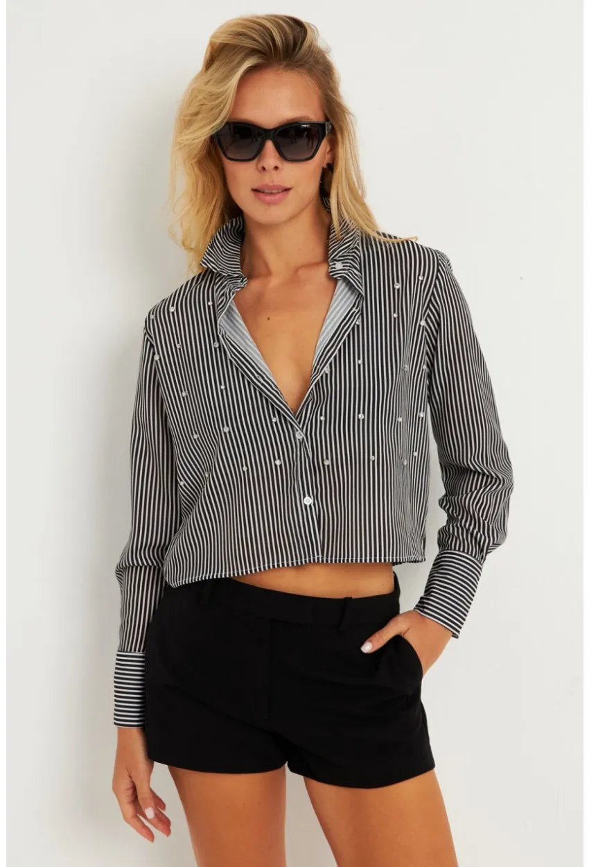 Kadın Siyah Taşlı Çizgili Kısa Gömlek ZER407