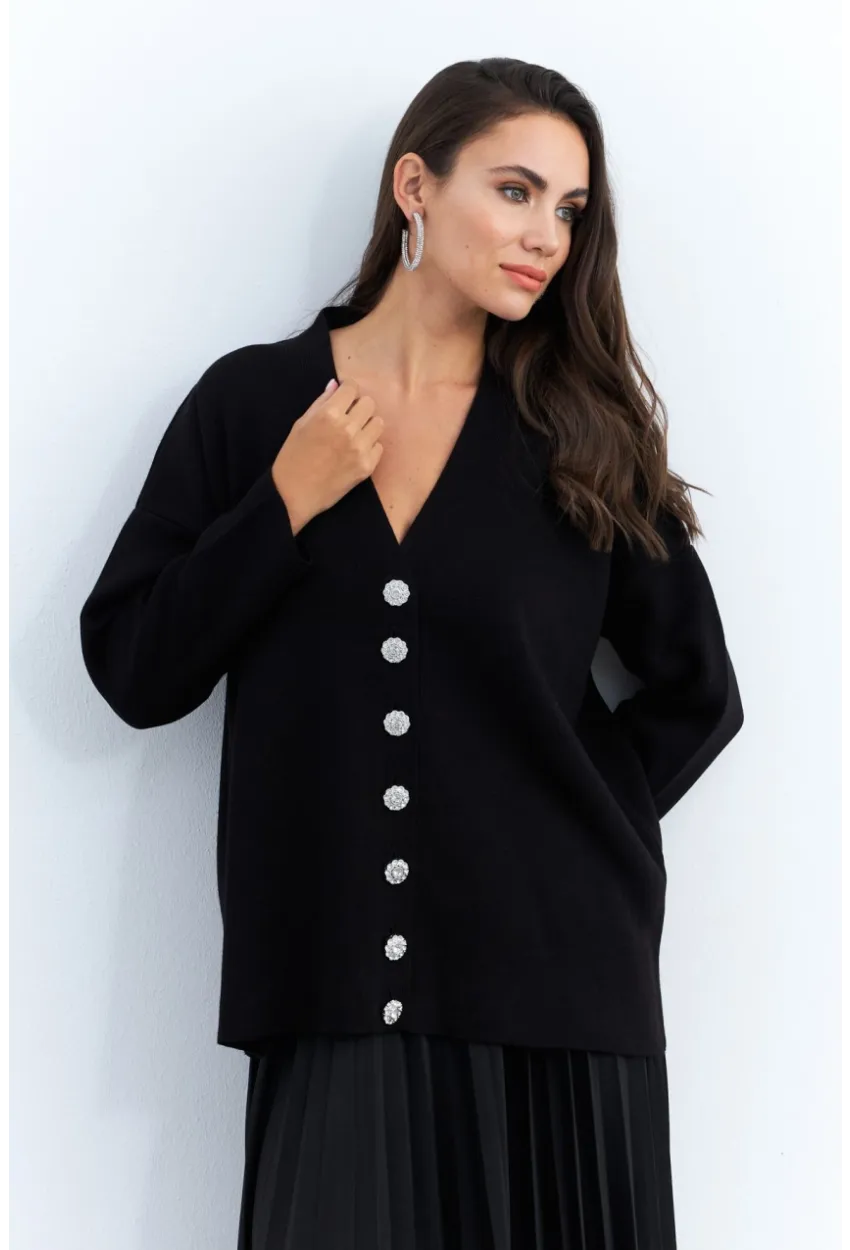 Kadın Siyah Taşlı Düğmeli Hırka MİW4572