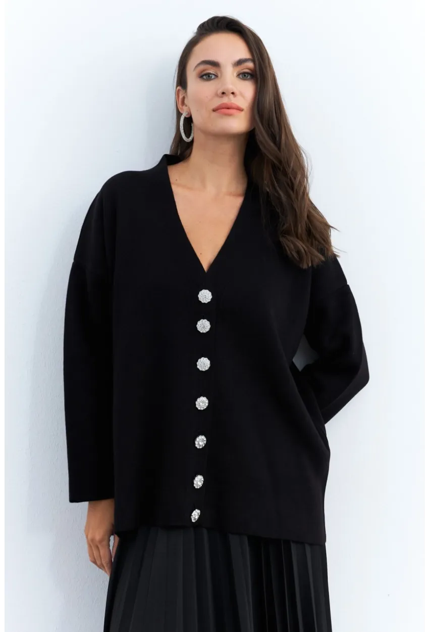 Kadın Siyah Taşlı Düğmeli Hırka MİW4572
