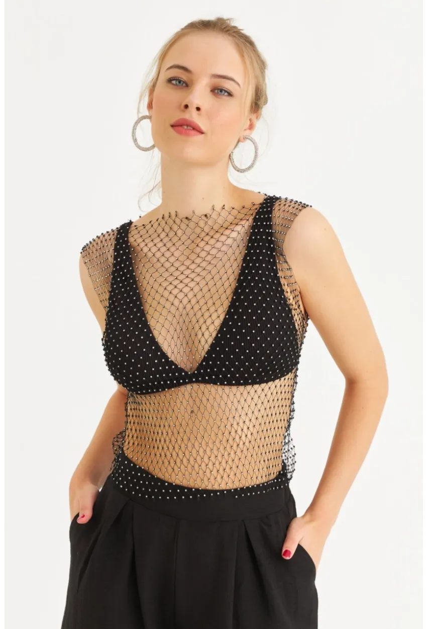 Kadın Siyah Taşlı File Bluz YEL221465