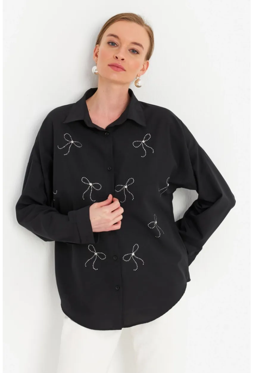 Kadın Siyah Taşlı Gömlek MZER426