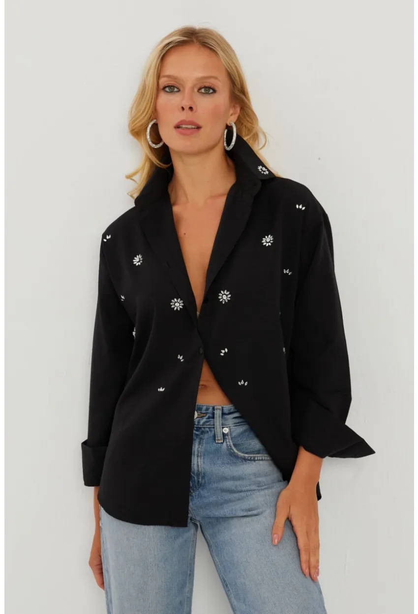 Kadın Siyah Taşlı Gömlek SF2550