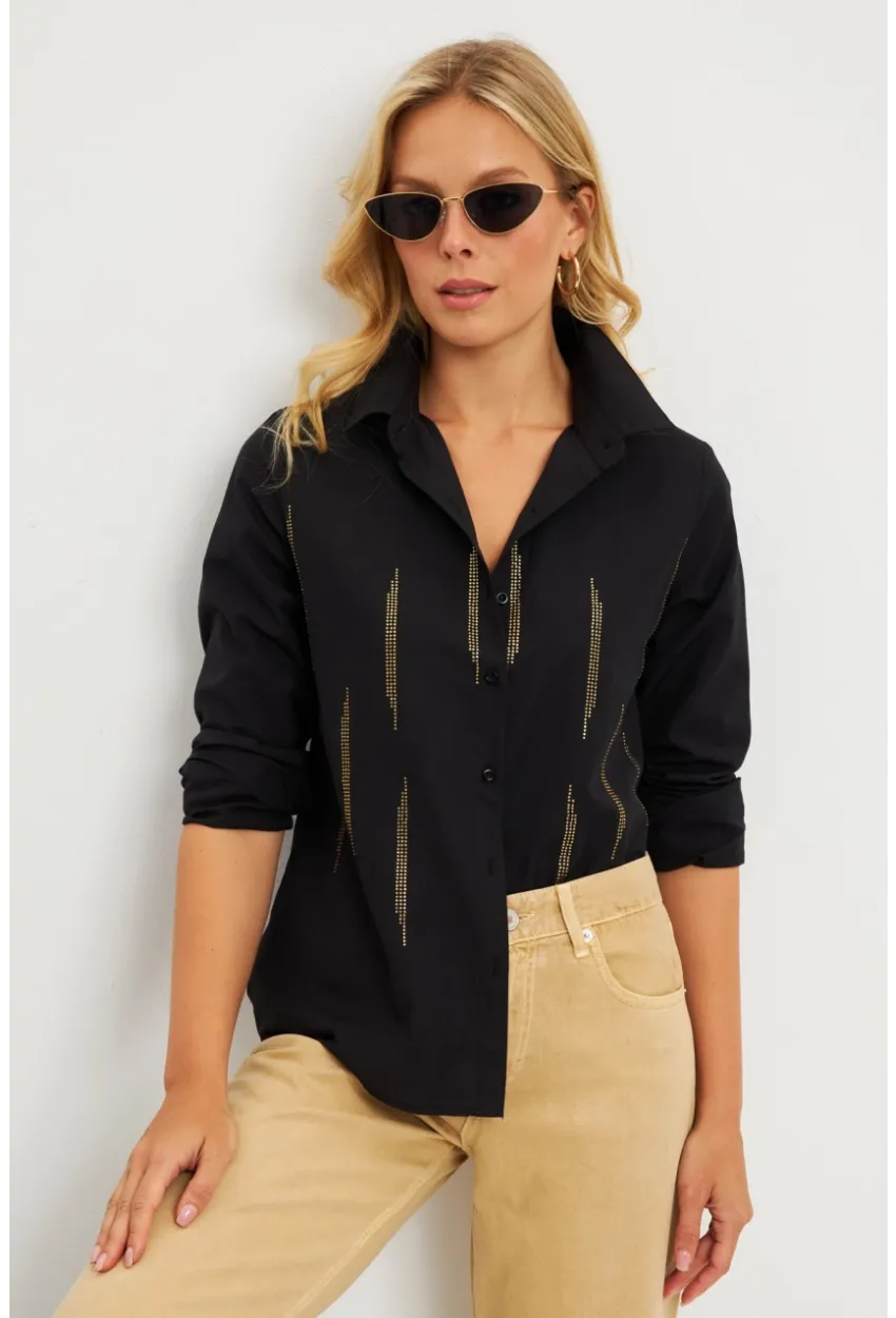 Kadın Siyah Taşlı Gömlek ZER404