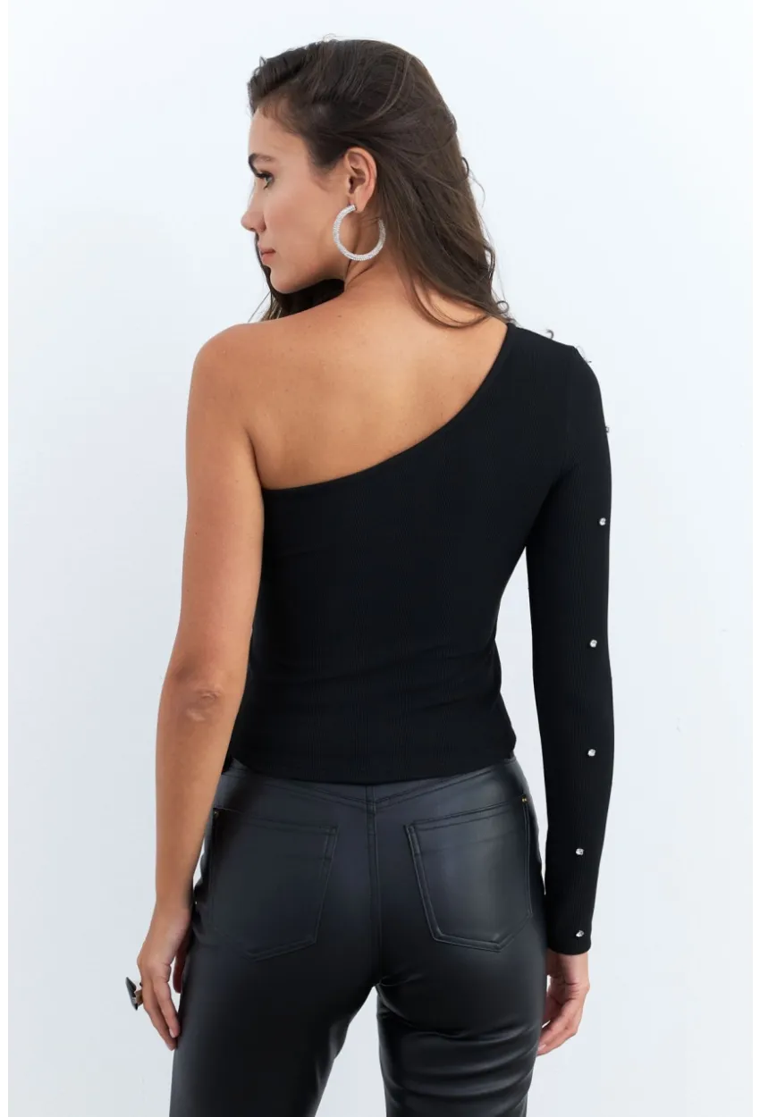Kadın Siyah Taşlı Tek Kol Crop Bluz HOL2