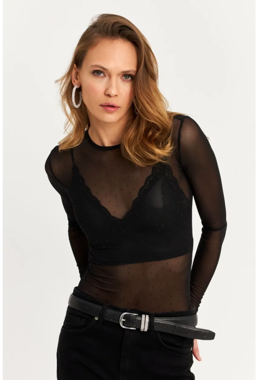 Kadın Siyah Taşlı Tül Body KED2116