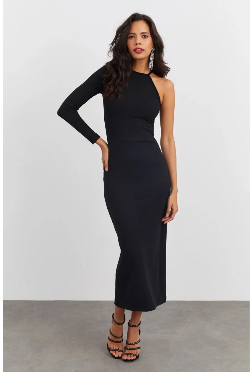 Kadın Siyah Tek Kol Kaşkorse Elbise EY1521