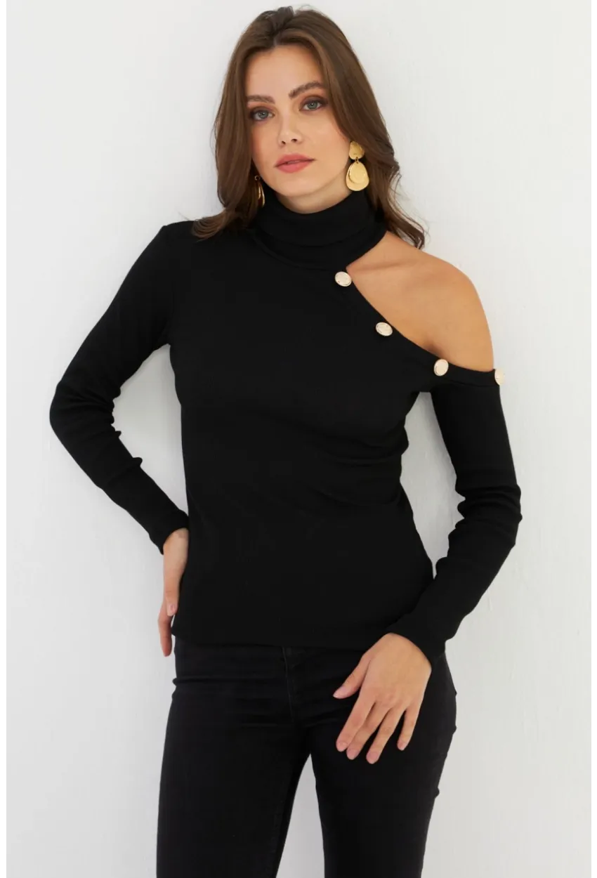 Kadın Siyah Tek Omuz Açık Kaşkorse Balıkçı Bluz EY2947