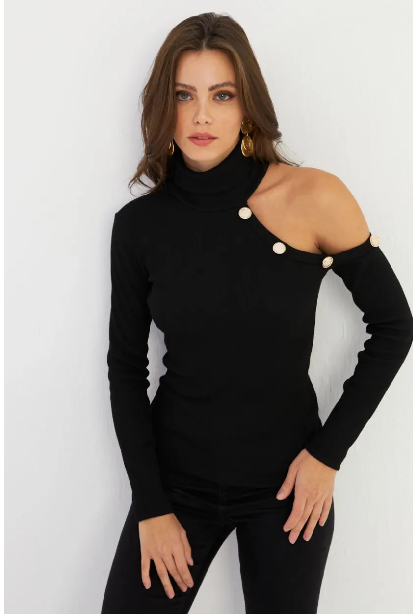 Kadın Siyah Tek Omuz Açık Kaşkorse Balıkçı Bluz EY2947