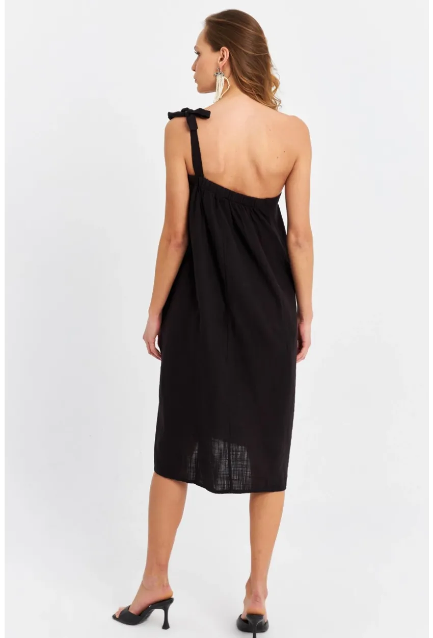 Kadın Siyah Tek Omuz Asimetrik Yaka Midi Elbise PC10813
