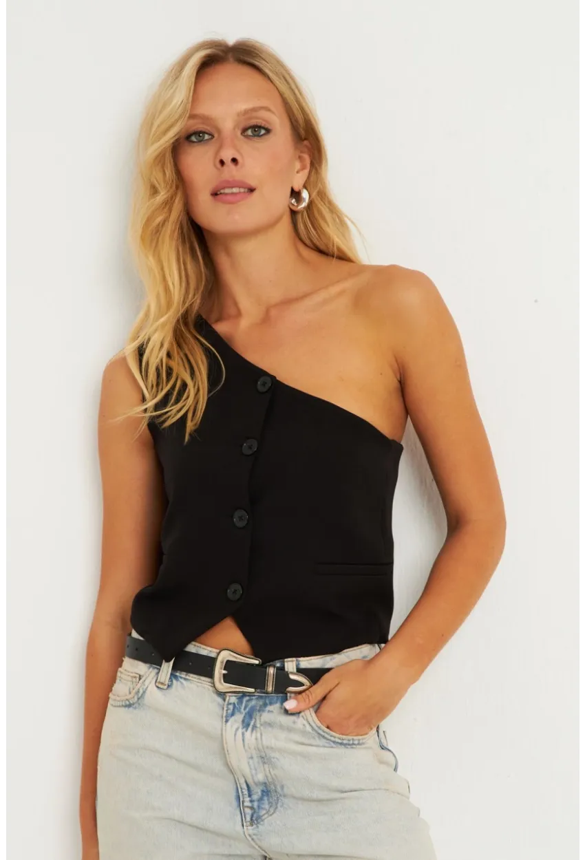 Kadın Siyah Tek Omuz Astarlı Yelek TW60140