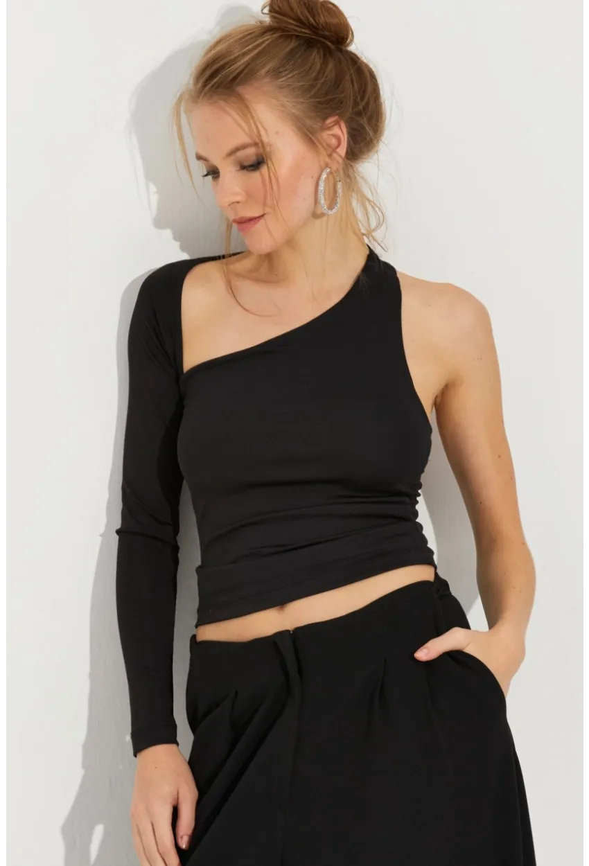 Kadın Siyah Tek Omuz Bluz EY2588