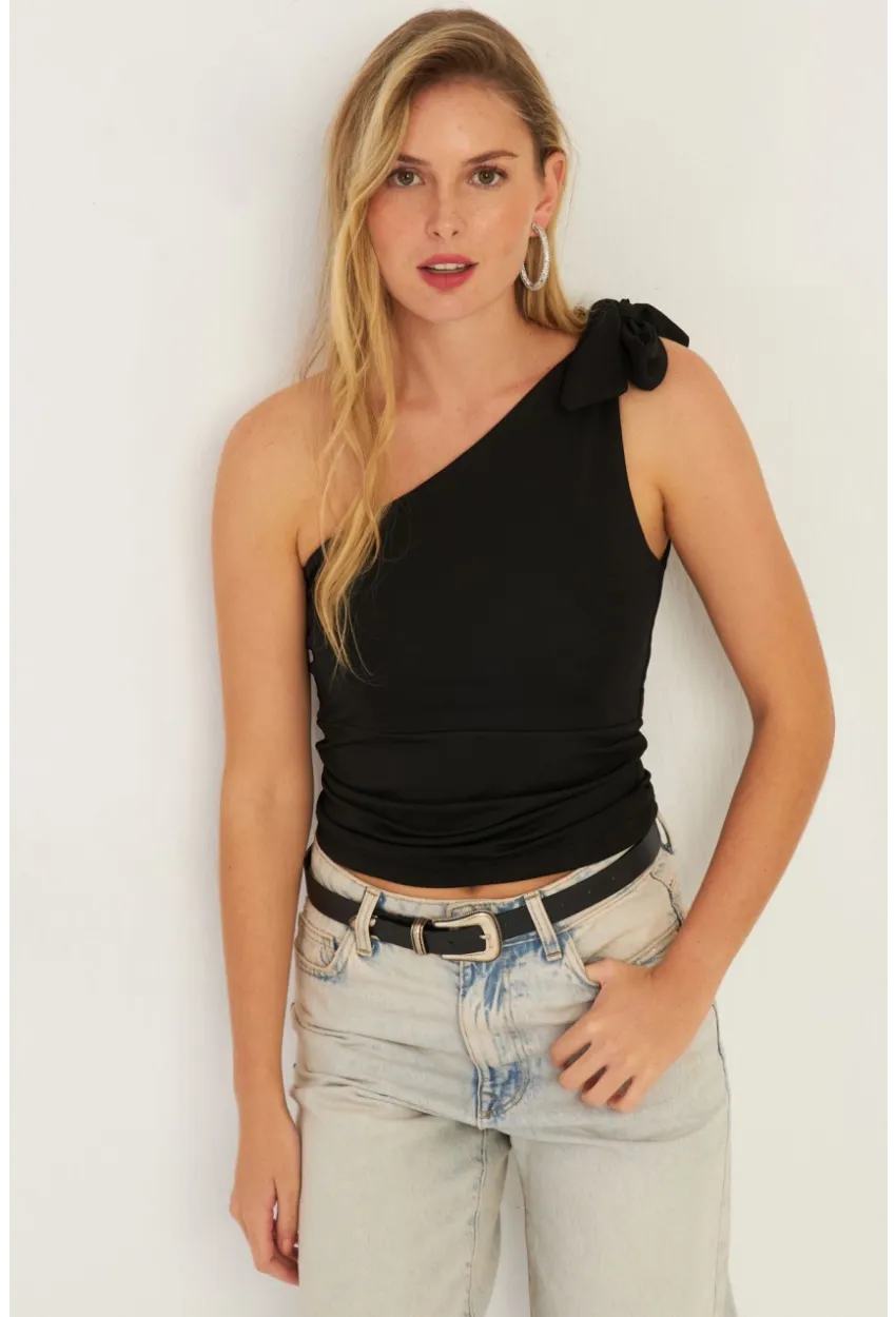 Kadın Siyah Tek Omuz Bluz  EY2756