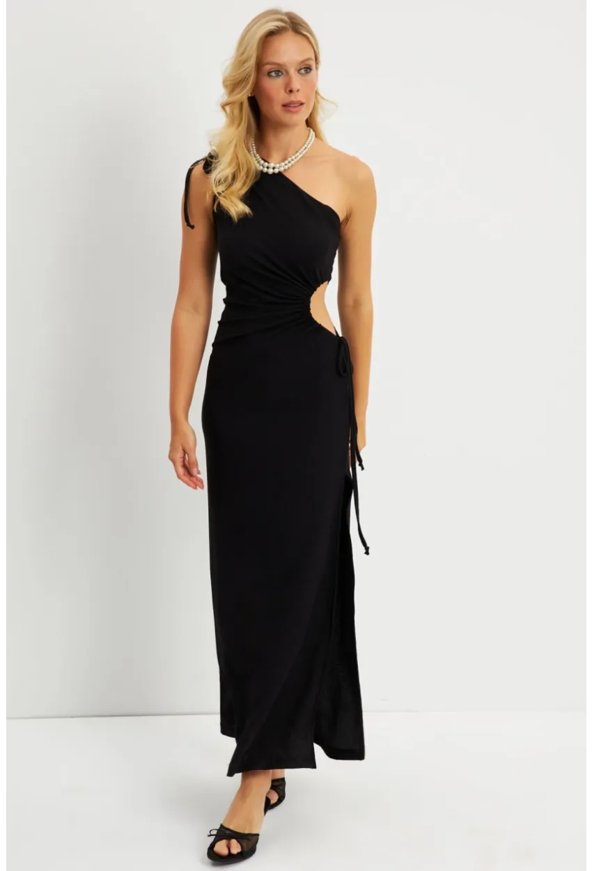 Kadın Siyah Tek Omuz Bürümcük Midi Elbise EY2786