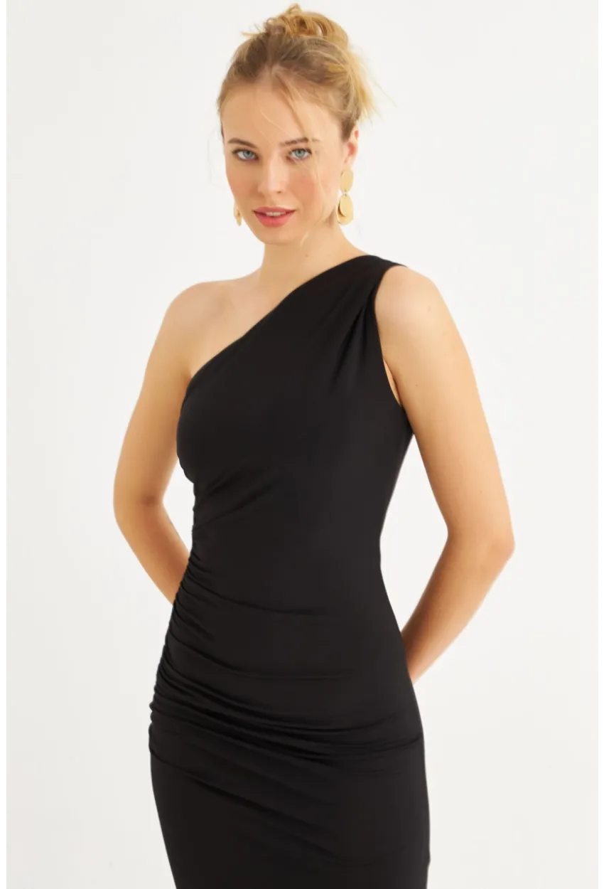 Kadın Siyah Tek Omuz Büzgülü Midi Elbise DMR294-90