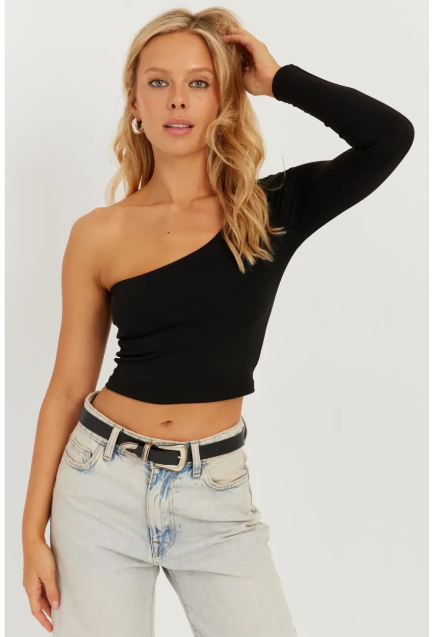 Kadın Siyah Tek Omuz Crop Bluz CY445