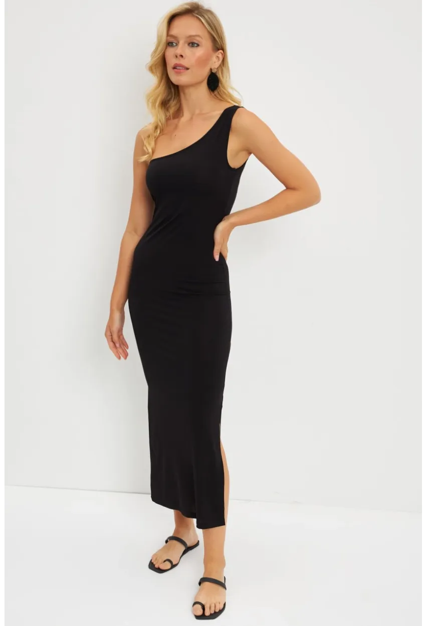 Kadın Siyah Tek Omuz Midi Elbise DMR284