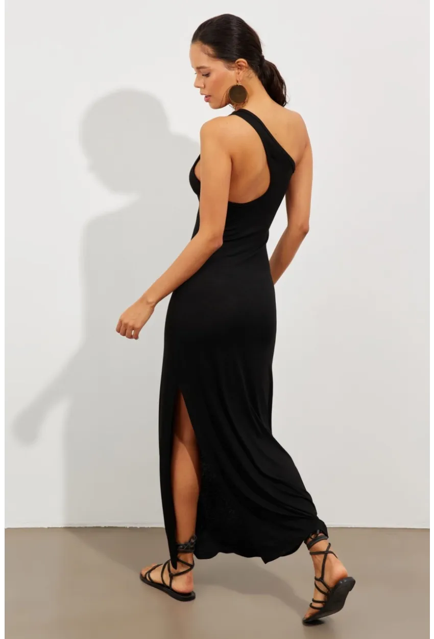 Kadın Siyah Tek Omuz Yırtmaçlı Maxi Elbise EY2498