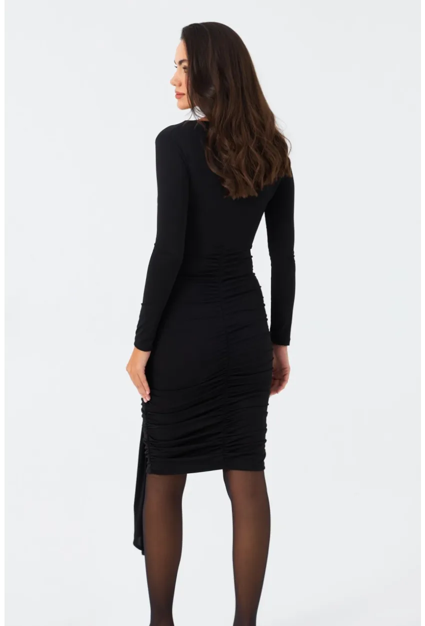 Kadın Siyah Toka Detaylı Drapeli Şık Midi Elbise FRY2261