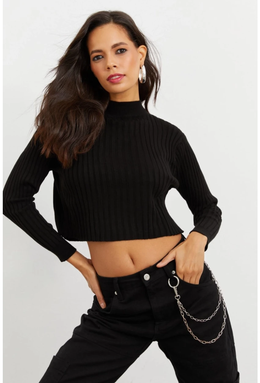 Kadın Siyah Triko Bluz AFŞ7252-9