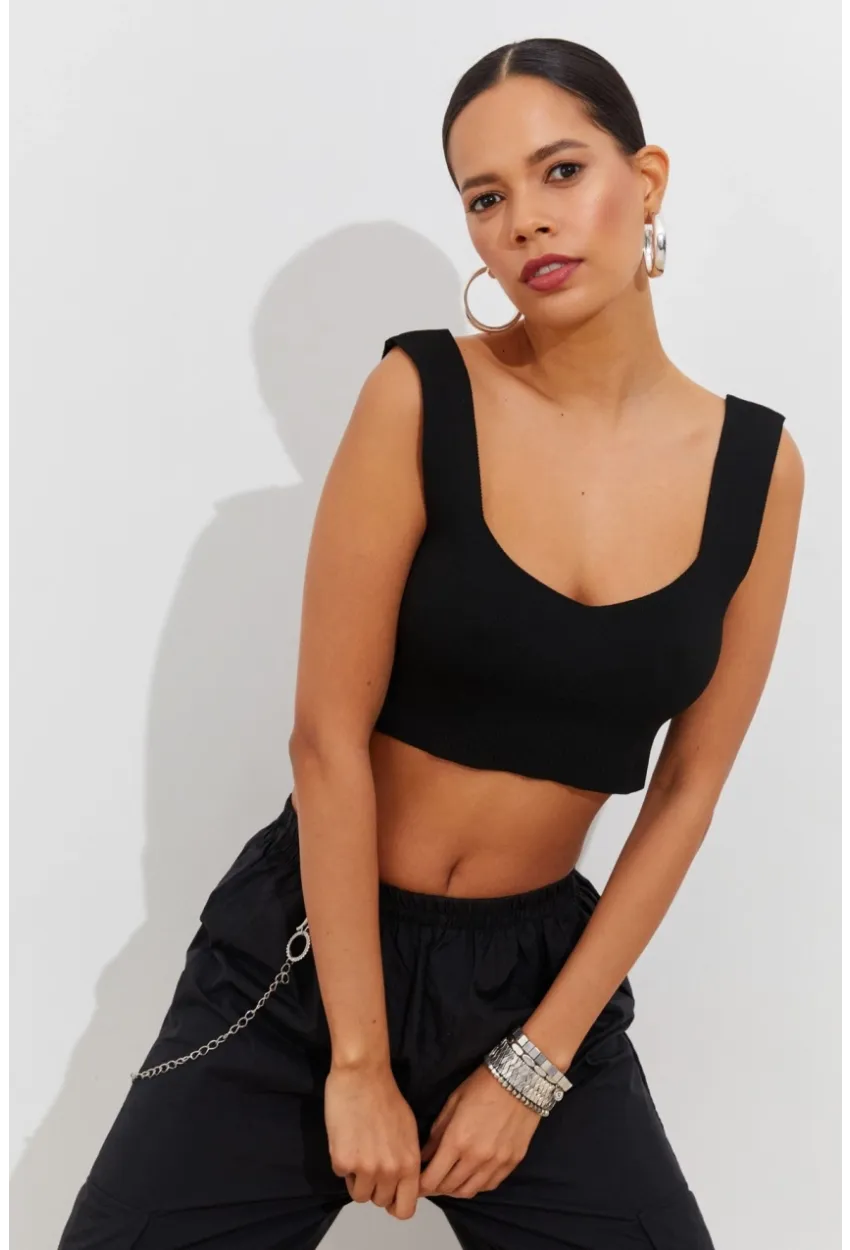 Kadın Siyah Triko Crop Atlet YV118