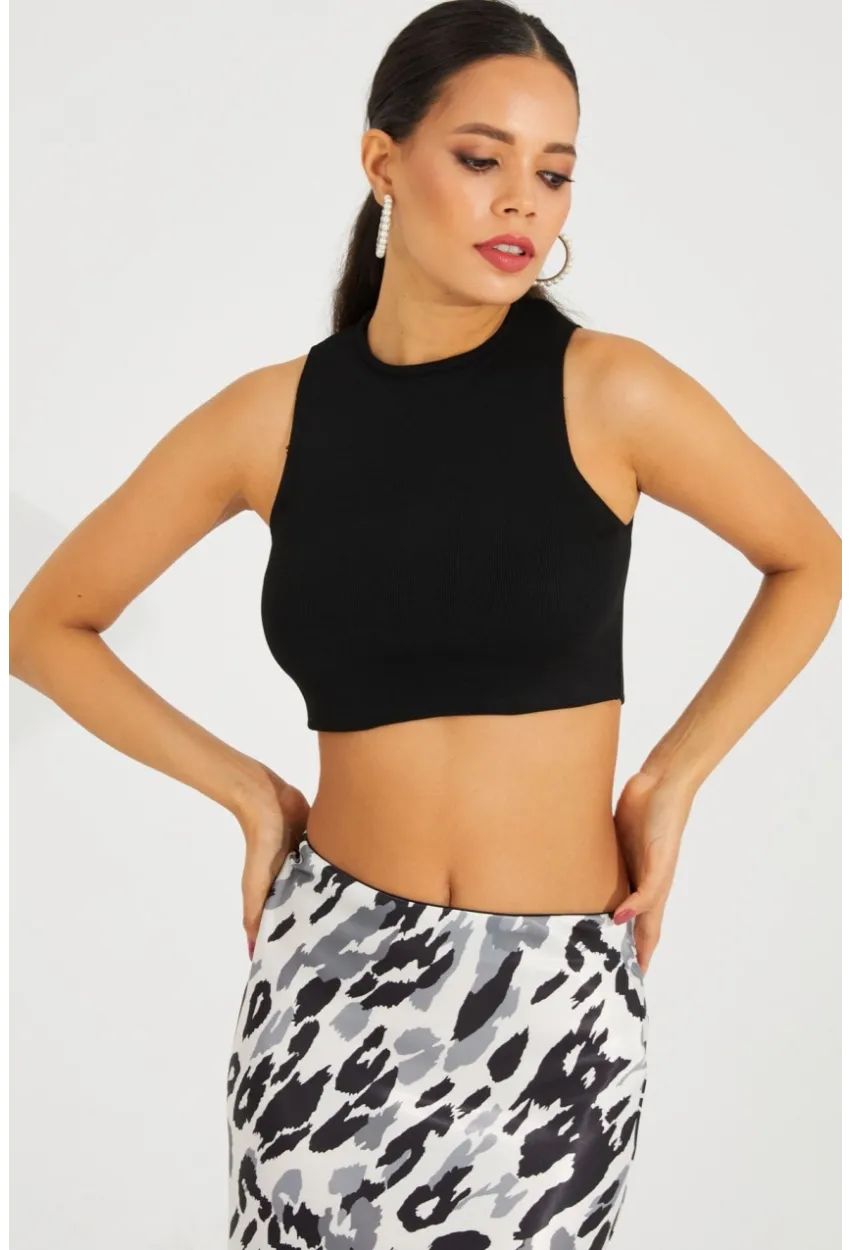 Kadın Siyah Triko Crop Triko Bluz KZ2447