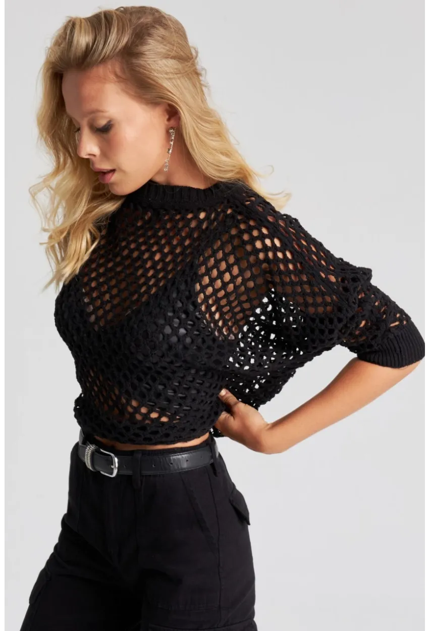 Kadın Siyah Triko File Bluz YV216